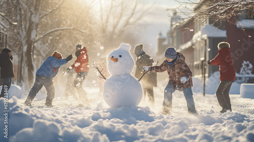 Group of children playing on snow in winter time,  Created using generative AI tools.
