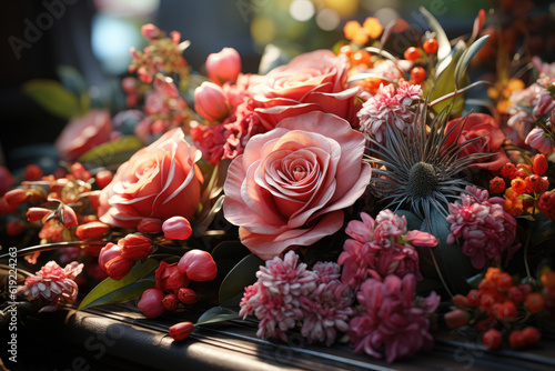 Pay homage to the solemnity of funeral services with an image of flowers placed on a coffin, signifying remembrance, mourning, and the beauty of honoring a life. Generative Ai, Ai.