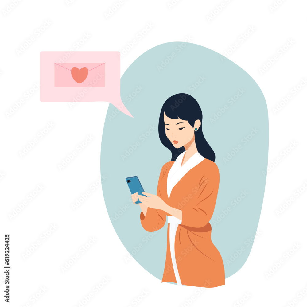 beautiful Asian woman receives a text message beautiful Asian woman receives a text message