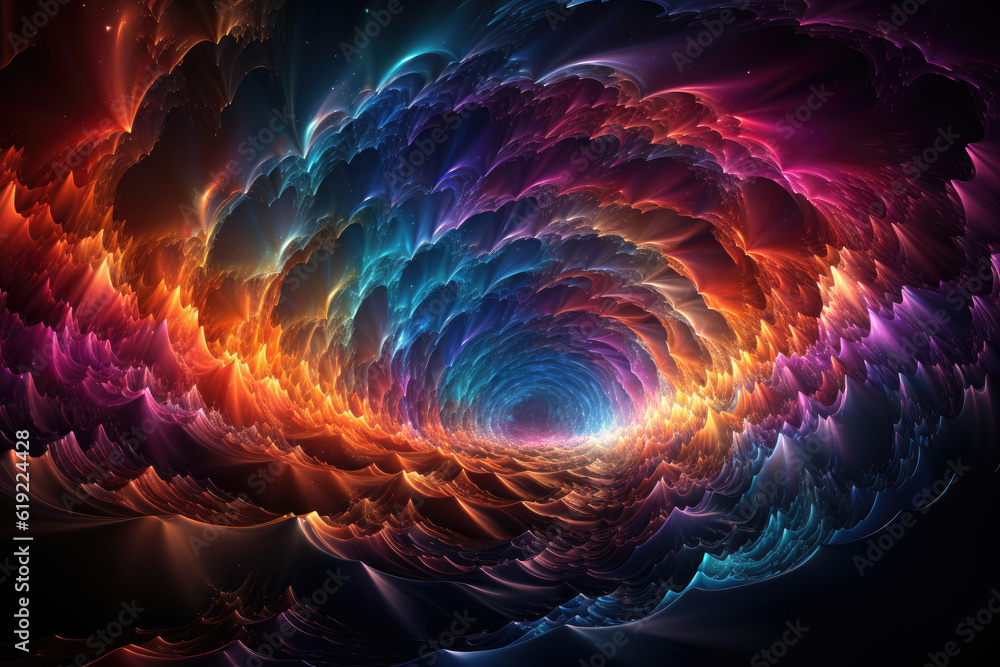 Journey through a dark tunnel illuminated by rainbow colors in an ...