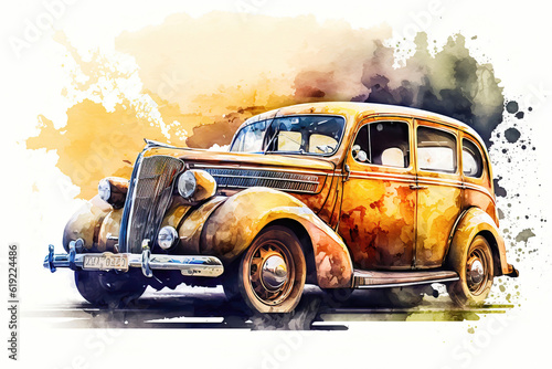 Vintage car, watercolor illustration generative AI