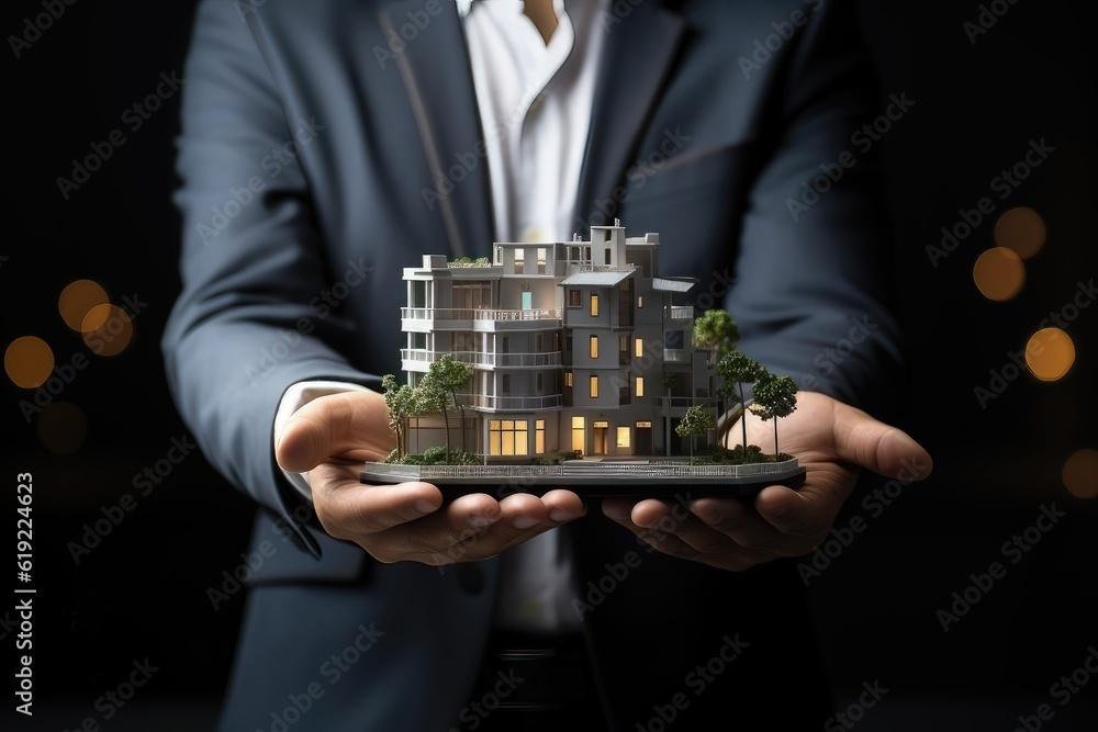 Real estate agent holding house model in his hands. 3D rendering