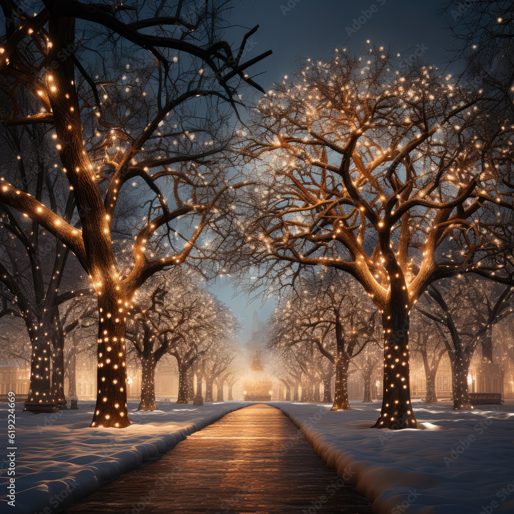 Illuminated Christmas tree lights. Generative Ai, Ai. Illuminated Christmas tree lights. Generative Ai, Ai.