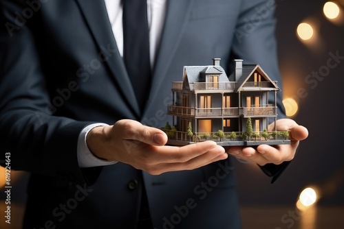 Real estate agent holding house model in his hands. 3D rendering