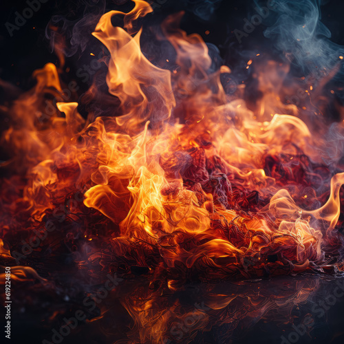 Vibrant fire flames captured on a black background. Generative Ai, Ai.