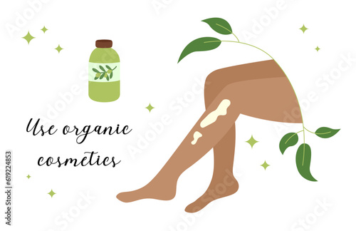 Skin Care card, poster, banner with text Use organic cosmetics. Vector illustration of natural products. Body care concept