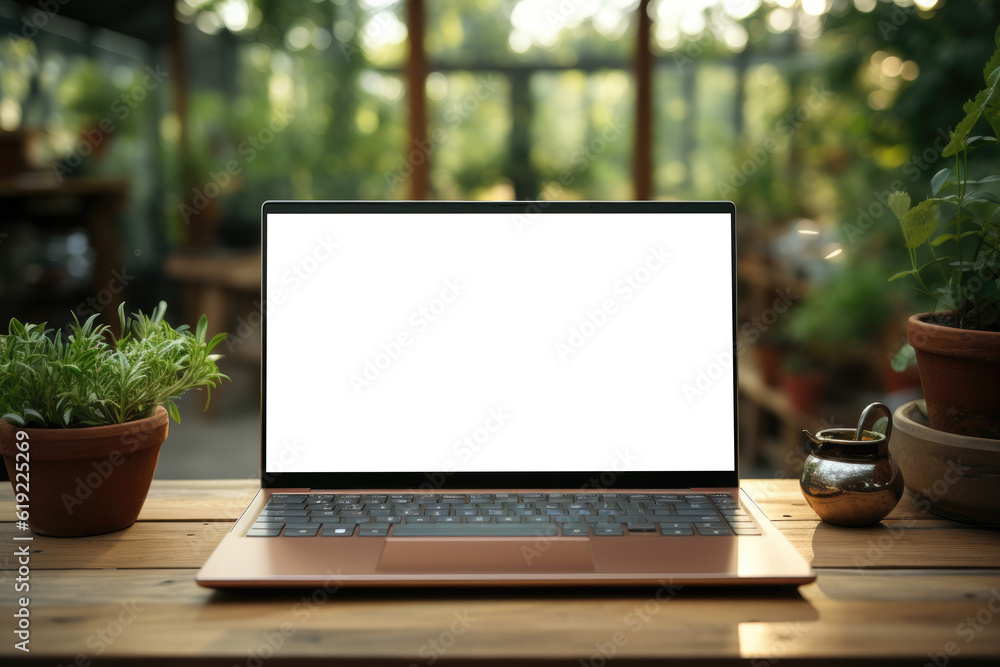 Fototapeta premium Laptop with a blank screen placed on a table. Generative Ai, Ai.