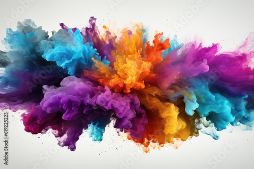 Wide panoramic background featuring a colorful rainbow holi paint color powder explosion against a white backdrop. Generative Ai, Ai. © Sebastian