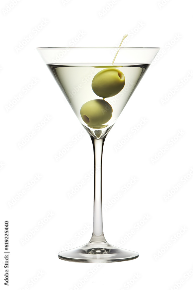 Martini drink with green olive on it over white transparent background