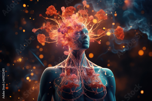 Conceptual illustration of cancer oncology and the spread of malignant cancerous growth and metastasis inside the body. Generative Ai, Ai.