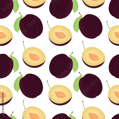 Seamless pattern with Plums whole and half on white background. Fresh black plum with leaves for textile. Flat vector illustration