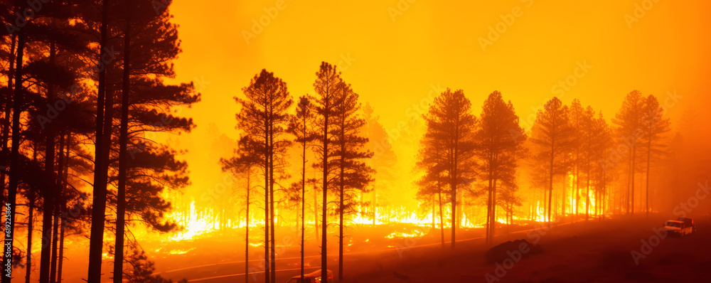 Red and orange burning forest wildfire, black trees silhouettes visible against heat glow. Generative AI Red and orange burning forest wildfire, black trees silhouettes visible against heat glow. Generative AI