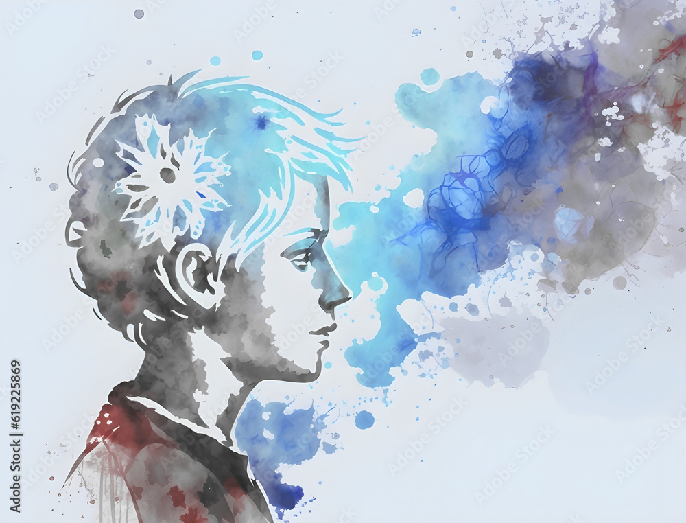 Isolated boy, child ink and watercolor art portrait, person face with color paint splashes, beautiful profile of kid, mental health, emotion, feelings, sadness, neurodiversity, made with AI Generative