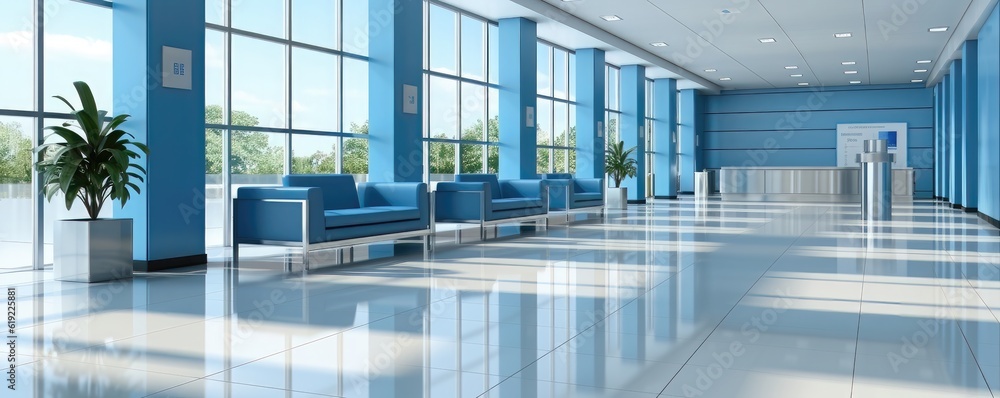 Interior of modern office hall with blue sofas. 3d rendering Interior of modern office hall with blue sofas. 3d rendering