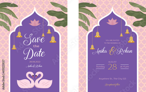 Indian Wedding Invitation and Save the date templates set. Exotic wedding theme with palms and swans 