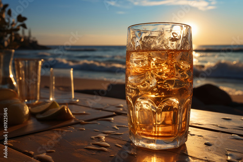 Icecold beer in glass on a beach. AI generative