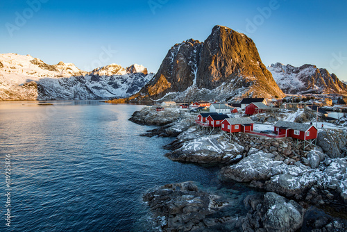 The small town of Reine at the very end of the Lofoten in the northern part of Norway during sunrise