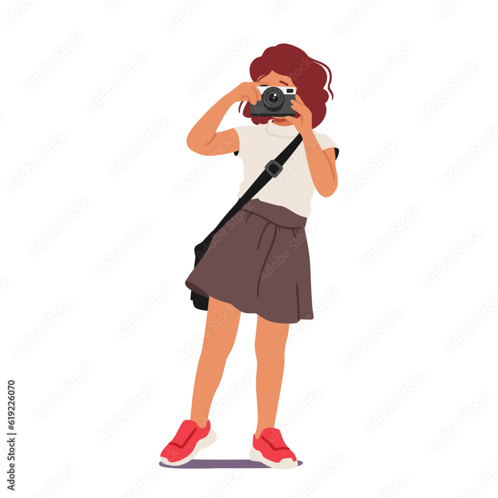 Energetic Kid Capturing Moment With Photo Camera. Little Girl Character Exploring Surroundings And Preserving Memories Energetic Kid Capturing Moment With Photo Camera. Little Girl Character Exploring Surroundings And Preserving Memories