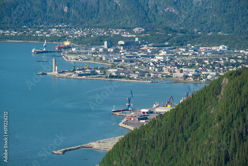 View over Mo i Rana, Helgeland, Norway from Hauknestinden, 800 meters over sea level at Hauknes. Rana by next to Ranfjorden. Rana port with Rana gruber inbetween the norwegian mountains during summer