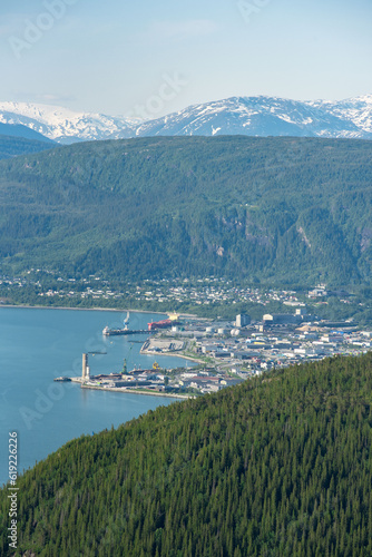 View over Mo i Rana, Helgeland, Norway from Hauknestinden, 800 meters over sea level at Hauknes. Rana by next to Ranfjorden. Rana port with Rana gruber inbetween the norwegian mountains during summer