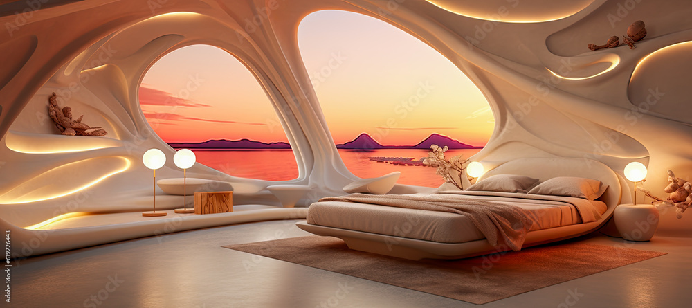 A futuristic hotel resort bedroom with beautiful architecture and interior design. The room has a view of a red lake with a sunset.