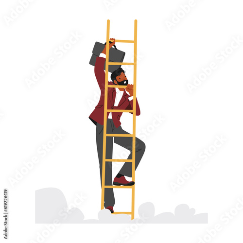 Ambitious Businessman Character Climbing The Ladder Of Success With Determination And Perseverance, Vector Illustration