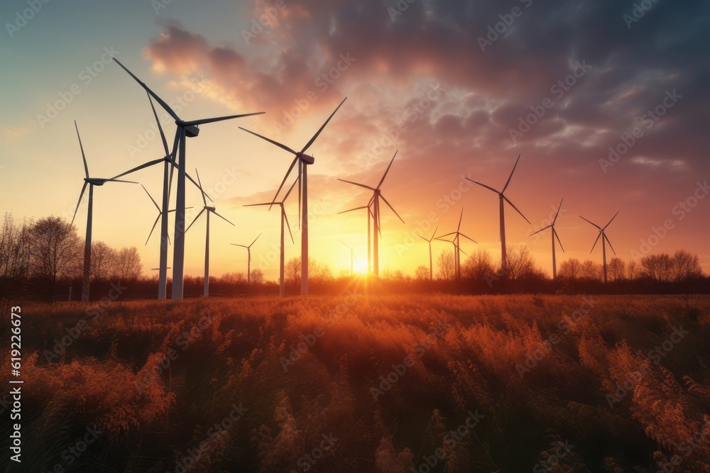 Obraz premium wind turbines at sunset, Harnessing Nature's Energy: Captivating Close-Up Photographic Image of Sunlit Wind Turbines at Sunset, Embracing the Vibrant Hues of Dark Orange and Light Green