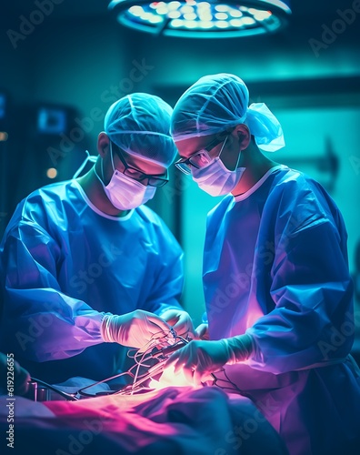 Two veterinarian surgeons in operating room take with art lighting and blue filter ai generated photo
