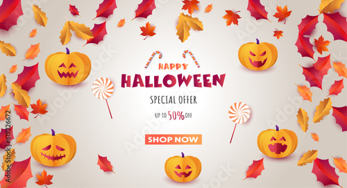 Halloween background with pumpkin. Happy Halloween holiday sale concept. leaves, candies, pumpkins on a white background. Flat layout, top view, overhead. Realistic vector illustration. Sale