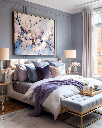 Colorful bedroom with blue walls.  Floral artwork with large windows.  Interior bedroom design concept.