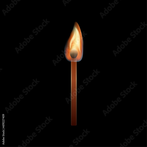Burning match with flame on black background background.Vector illustration