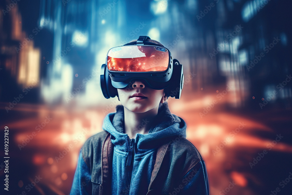 Generative AI image of boy in casual clothes wearing virtual reality goggles and headphones exploring cyberspace while standing against glowing background Generative AI image of boy in casual clothes wearing virtual reality goggles and headphones exploring cyberspace while standing against glowing background