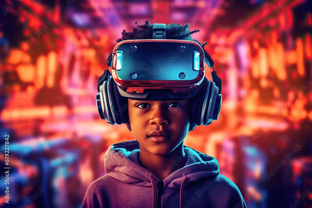 Generative AI image of African American boy in futuristic virtual reality goggles and wireless headphones looking at camera against glowing colorful background Generative AI image of African American boy in futuristic virtual reality goggles and wireless headphones looking at camera against glowing colorful background