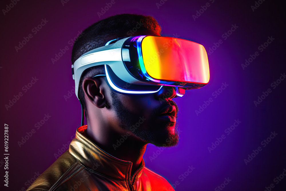 Generative AI image of African American man with beard in VR goggles experiencing another world against purple background Generative AI image of African American man with beard in VR goggles experiencing another world against purple background