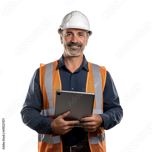 Portrait of middle aged engineer construction man holding digital tablet. White transparent background