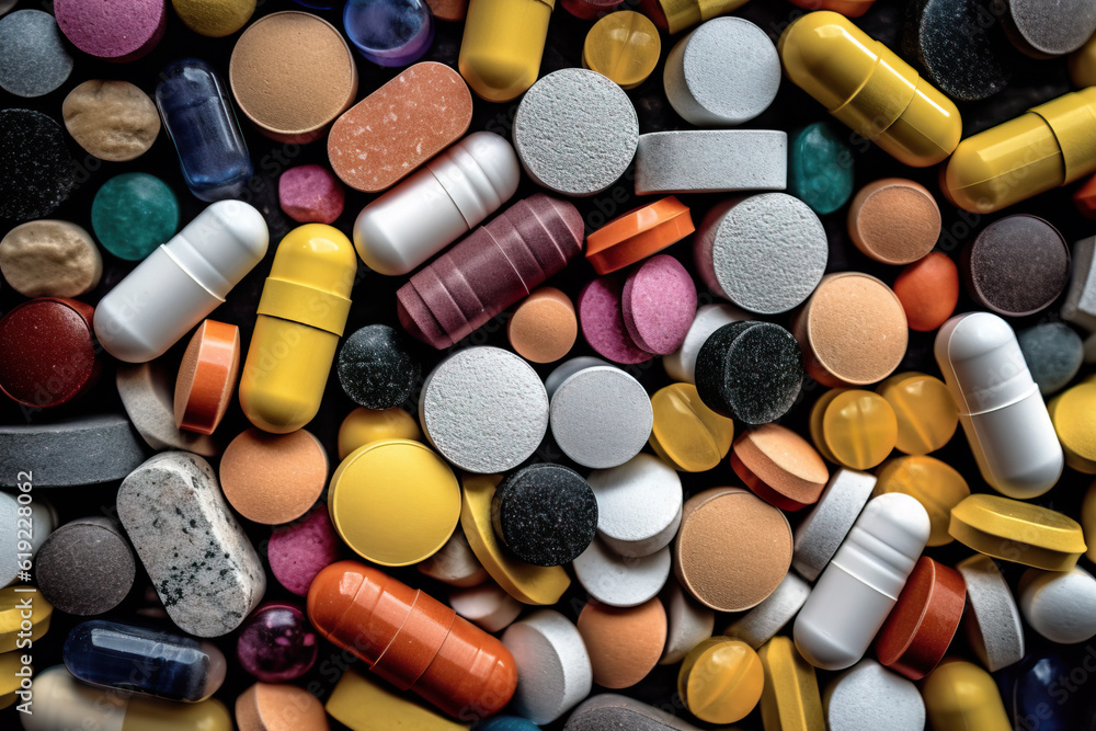 © ADDICTIVE STOCK - Generative AI image of top view of assorted multicolored pharmaceutical pills vitamins antibiotics capsules manufactured depending on formulation and dose form © ADDICTIVE STOCK - Generative AI image of top view of assorted multicolored pharmaceutical pills vitamins antibiotics capsules manufactured depending on formulation and dose form