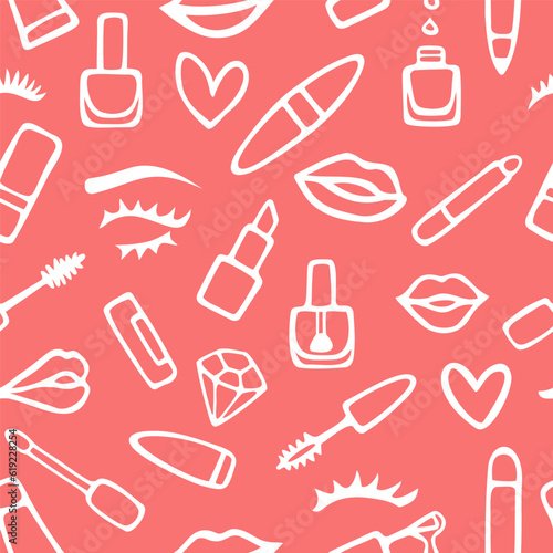 Vector seamless pattern with makeup, beauty elements. Hand drawn, doodle style. Design for fabric, wrapping paper, wallpaper, packaging.