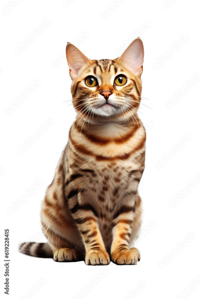 Cute Bengal ginger cat. Full body shot over white transparent background