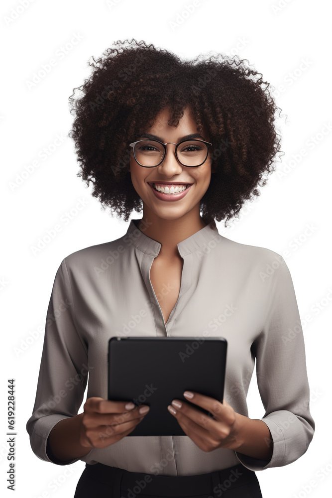 Afro American businesswoman smiling and holding tablet. White transparent background Afro American businesswoman smiling and holding tablet. White transparent background