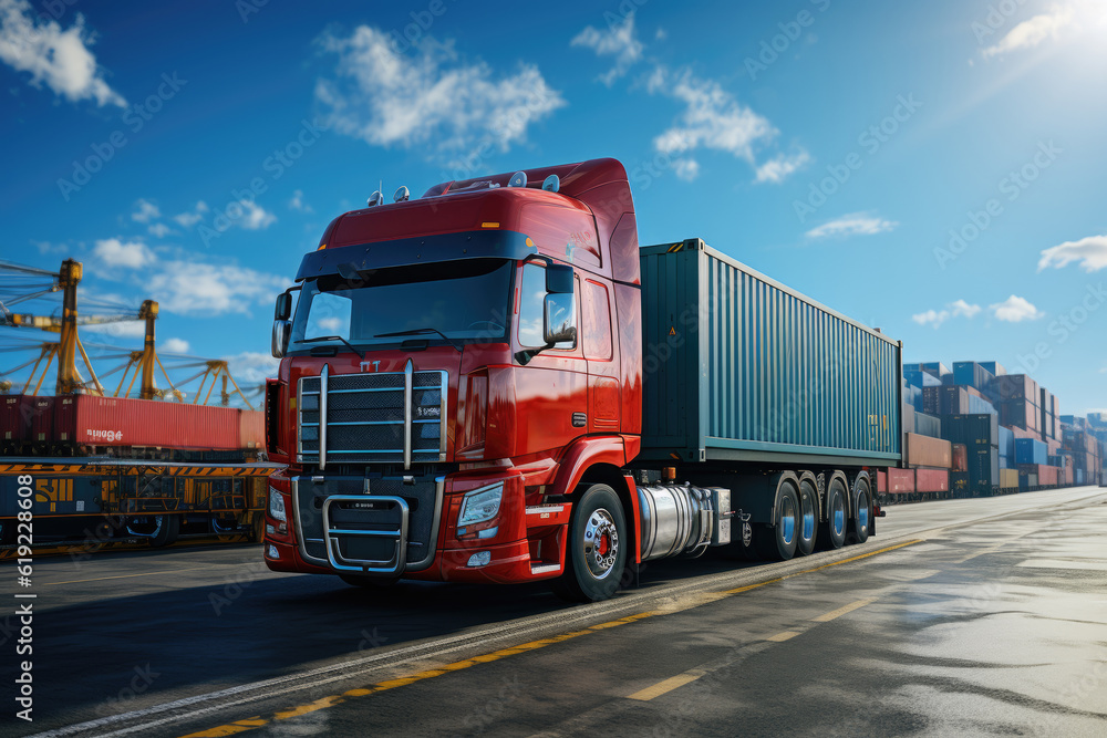 Containers yard with container truck on a blue sky background, symbolizing global business logistics and cargo transportation. Generative Ai, Ai. Containers yard with container truck on a blue sky background, symbolizing global business logistics and cargo transportation. Generative Ai, Ai.