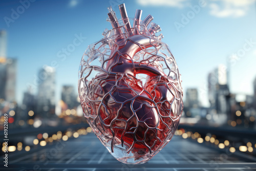 Illustration of the human heart anatomy on an ECG medical background. Generative Ai, Ai. photo