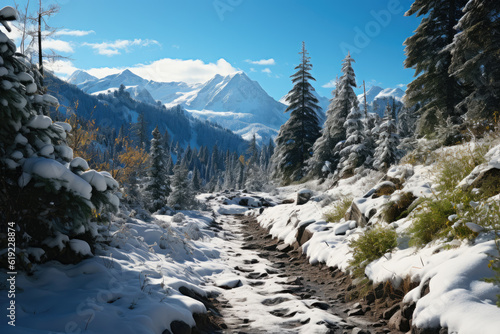 Serene alpine path through a snowy forest, creating a winter wonderland atmosphere. Generative Ai, Ai.