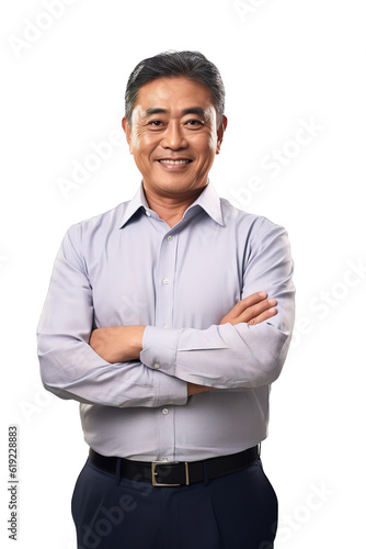 Mature mixed race successful man posing with arms crosses over white transparent background