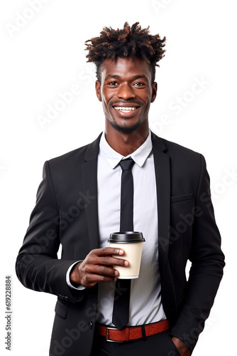 Young African businessman holding coffee and smiling to the camera. White transparent background