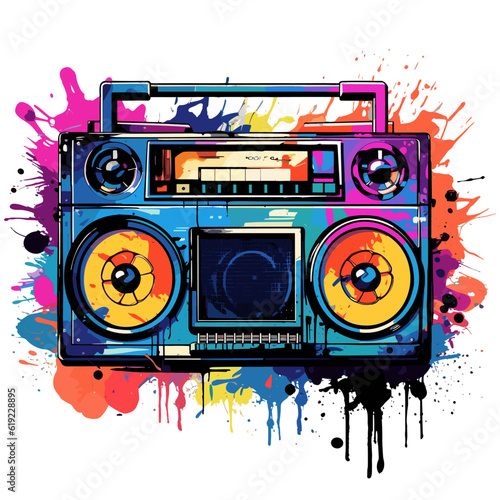 Foto Old boombox with colorful paint splatters in graffiti style
