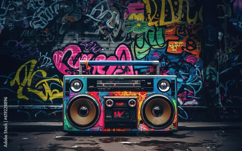 Photographie Retro old design ghetto blaster boombox radio cassette tape recorder from 1980s in a grungy graffiti covered room