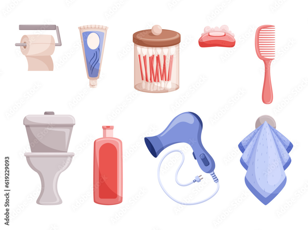 Collection Of Bath Items, Scented Soap, Fluffy Towel, Toilet Paper and Bowl, Comb, Fan, Shampoo Bottle, Toothpaste Tube