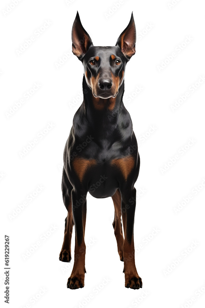 Adult Doberman dog over white transparent background