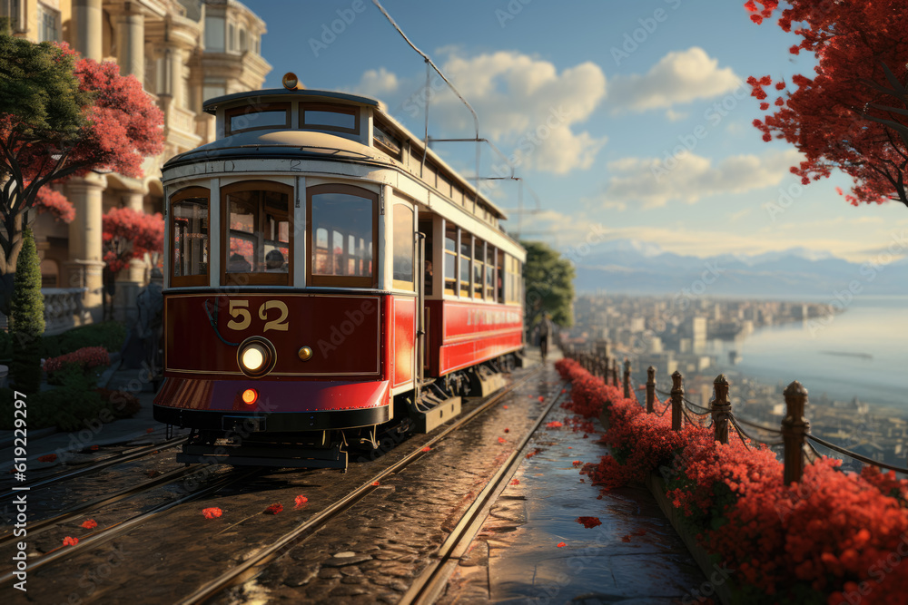 Timeless view of historic traditional Cable Cars in motion. Generative Ai.