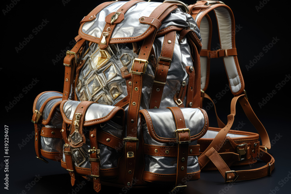 Handmade silver backpack and bag, exuding elegance and craftsmanship. Generative Ai. Handmade silver backpack and bag, exuding elegance and craftsmanship. Generative Ai.